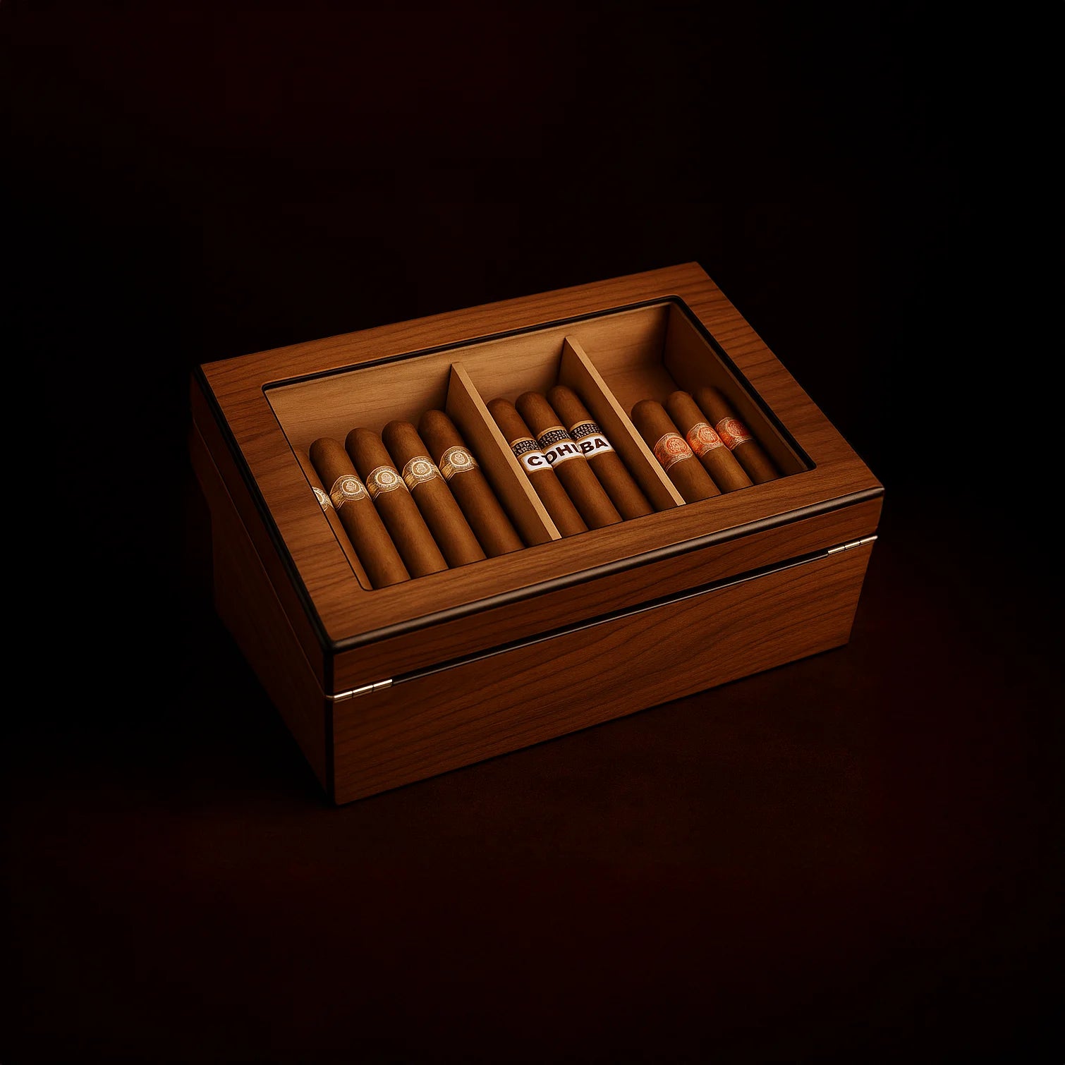 Glass Top Cigar Display Humidor With Divider